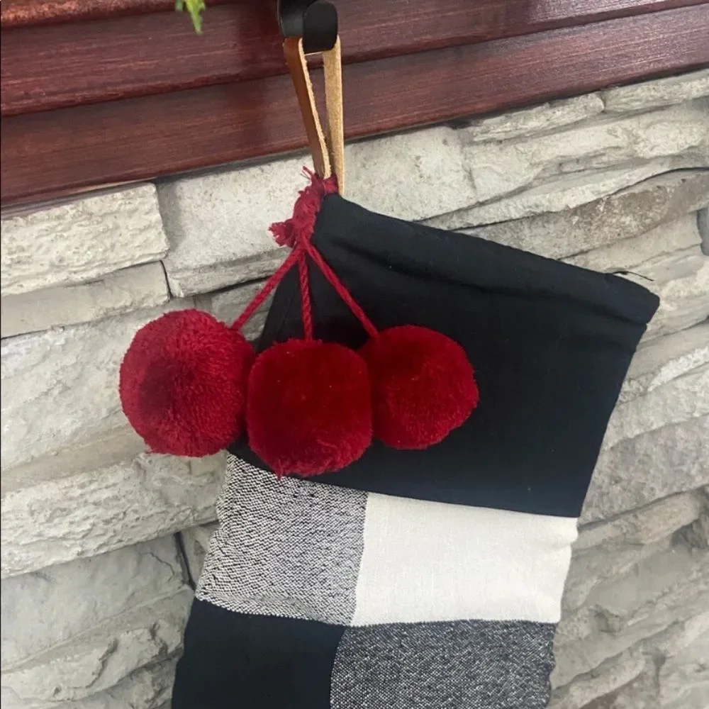 Hearth & Hand Plaid Holiday Christmas Stocking with Linen Blend Pom Poms